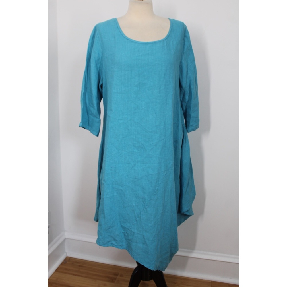 Bryn Walker S Blue Scoop Neck Linen Asymmetrical Hem Midi Dress Lagenlook